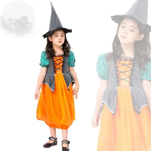 Vista 3 de Halloween Costumes for Girls Kids Pumpkin Witch Dress with Hat Toddler PrincessClothes Outfits Child Teen Orange Set Gift
