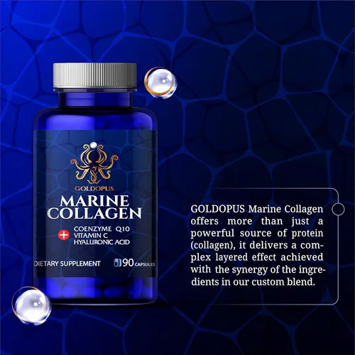Vista 2 de Cápsulas de péptidos de colágeno marino con ácido hialurónico, coenzima Q10, vitamina C - Preservan la belleza y la juventud - Promueven la piel