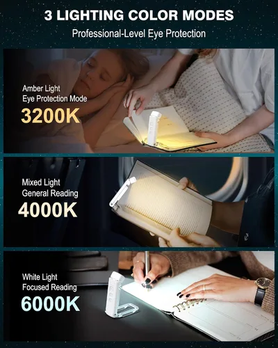 Vista 2 de Paquete de 2 luces de libro para leer por la noche, luz recargable por USB para leer en la cama, luz de lectura LED portátil con clip, temporizador