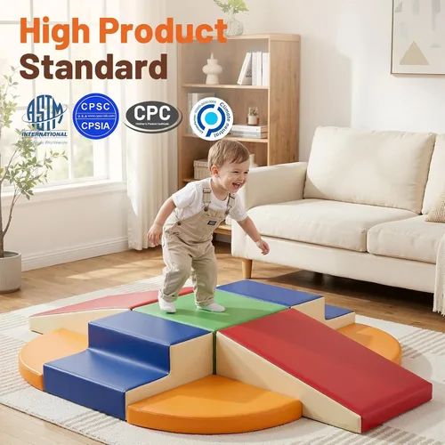 Vista 2 de TODIBY Juego de 9 bloques de espuma para trepar: cuero PU suave - Bloques de actividad para gatear y trepar para bebés - Equipo de gimnasio
