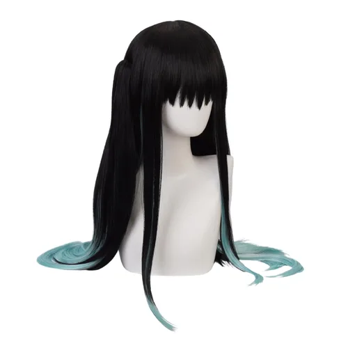Vista 3 de Tokitou Muichirou - Peluca de cosplay negro degradado azul para hombre, peluca azul degradado para disfraz de Halloween, peluca azul degradado