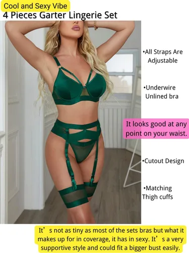 Vista 2 de Lenceria con liguero para mujer, conjunto de encaje traslúcido y sexy de 4piezas