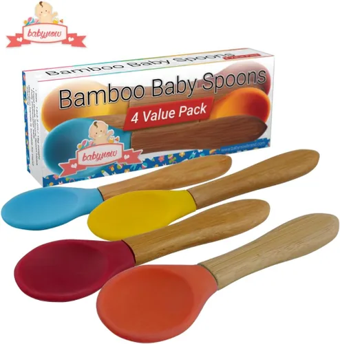 Vista 2 de Cucharas de bambú para bebé, paquete de 4 cucharas de destete para niños pequeños, cuchara de silicona con punta suave de mango de bambú, utensilio