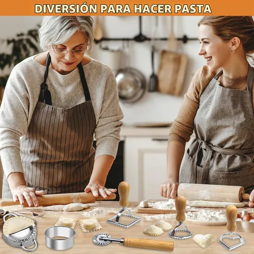 Vista 2 de Cortador de pasta de ravioles con rueda de rodillo (juego de 6), máquina de sellos para ravioles con mango de madera, herramientas de prensa