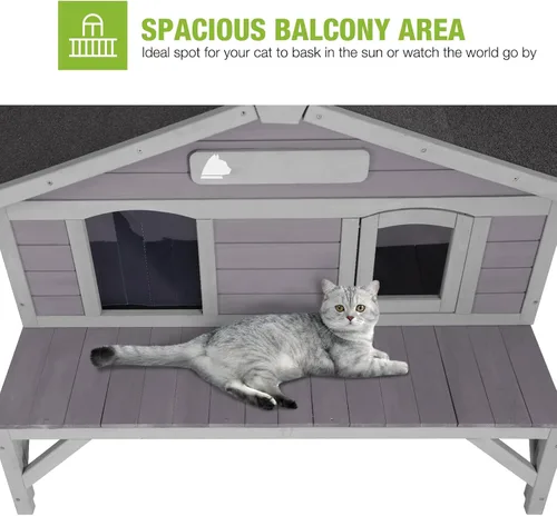 Vista 4 de GUTINNEEN Casa Grande para Gatos al Aire Libre Resistente a la Intemperie con Puertas de Escape, Madera Maciza Aislada Más Gruesa, Porche Grande