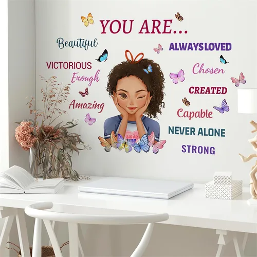 Vista 3 de Calcomanías inspiradoras de pared para niña negra, sacinora con frases motivacionales de mariposas, vinilo extraíble para despegar y pegar
