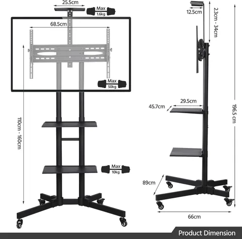 Vista 3 de Yaheetech Soporte de TV móvil, carrito de televisión ajustable con ruedas de bloqueo para pantalla plana de plasma LED LCD 30-60 de hasta 110