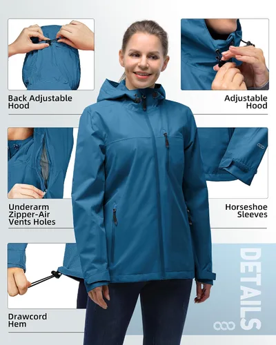 Vista 4 de 33,000FT - Chaqueta de lluvia enrollable para mujer, ligera, impermeable, rompevientos y con capucha para ciclismo