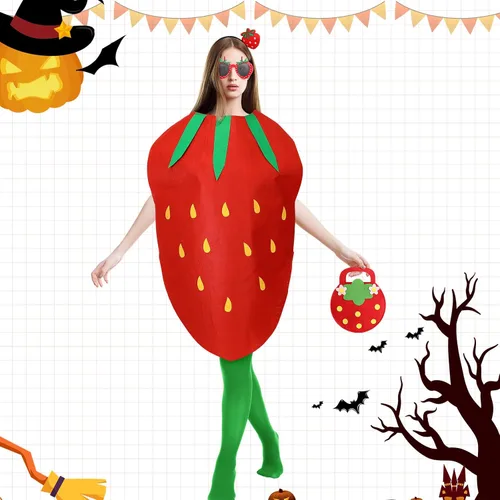 Vista 4 de Jiuguva 5 piezas unisex Halloween fresa disfraz de fruta traje de la cabeza pantimedias gafas bolsa ropa fresa para adultos