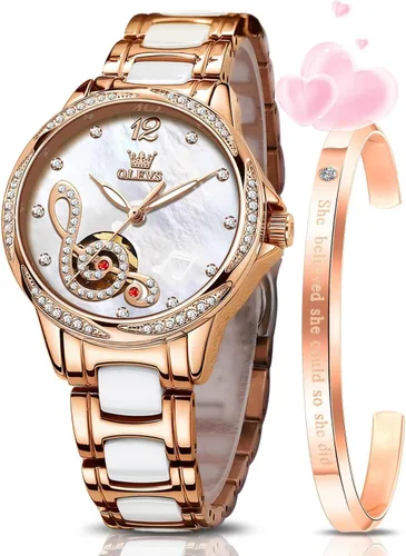 Vista 9 de OLEVS Relojes para mujer, mecánico automático, cuerda automática, oro rosa, reloj de mujer, vestido de diamante, pulsera de cerámica, impermeable