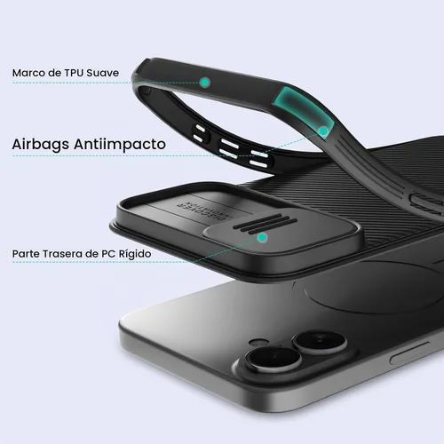 Vista 6 de Nillkin - Funda magnética para iPhone 16, protección mejorada deslizante para la cámara, compatible con Magsafe, funda protectora delgada y a prueba