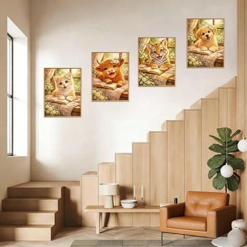 Vista 4 de Kits de pintura de diamantes de animales para adultos, paquete de 4 unidades, lindo tigre, vaca, gato, perro, kit de arte de diamantes, pintura