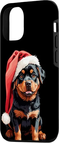 Vista 2 de iPhone 15 Divertido Rottweiler Navidad lindo cachorro con sombrero de Navidad caso