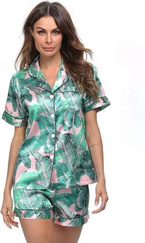 Vista 2 de SWOMOG - Conjunto de pijama de satén de seda para mujer, de dos piezas, con botones, ropa para dormir o descansar