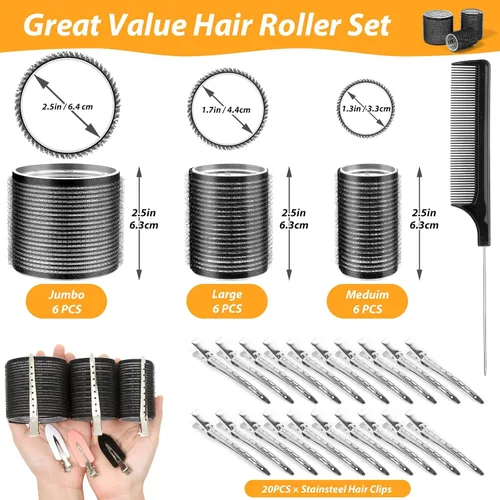 Vista 2 de 39 piezas de rulos autoadhesivos de 3 tamaños - Negro de 2.5 pulgadas, 1.9 pulgadas, 1.4 pulgadas con clips de pico de pato para cabello largo