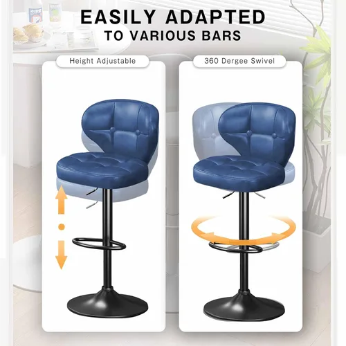Vista 6 de Juego de 4 Taburetes de Bar, Sillas de Bar Giratorias Ajustables con Respaldo y Reposapiés, Modernos Taburetes de Altura de Mostrador Tapizados