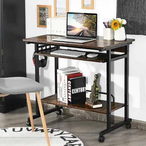 Vista 6 de Escritorio para computadora, mesa de estudio, escritorio de PC marrón rústico, carrito extraíble para laptop, estación de trabajo con bandeja