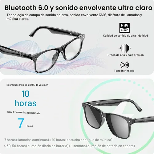 Vista 7 de Lentes inteligentes de traducción AI para hombres y mujeres, gafas de sol Bluetooth 6.0, protección UV, asistente de voz, audio de oído abierto