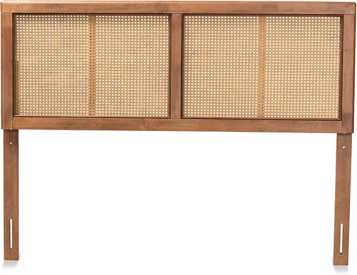 Vista 4 de Baxton Studio Gilbert Mid-Century - Cabecera de madera con acabado de nogal ceniza y ratán sintético, tamaño matrimonial