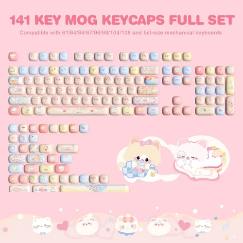 Vista 9 de YUNZII Lindas teclas personalizadas de gatito rosa, 141 teclas de tinte Sub PBT MOG Perfil juego de teclas para teclados mecánicos