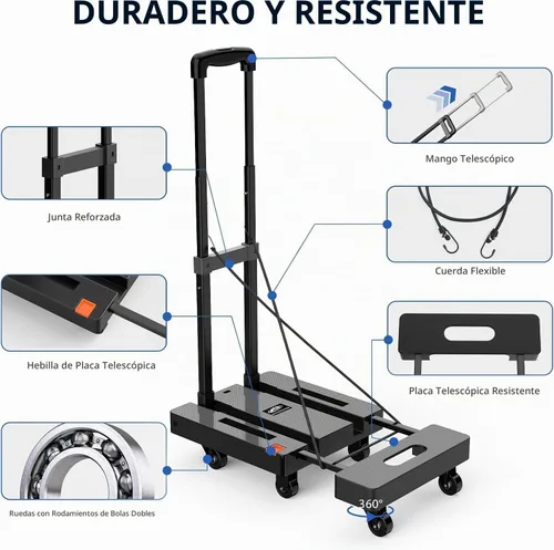 Vista 4 de SPACEKEEPER - Carro de mano plegable, carrito resistente de equipaje de 500 libras, carrito de plataforma utilitaria con 6 ruedas y 2 cuerdas