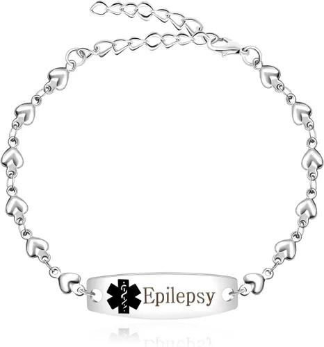 Vista 12 de Pulsera de símbolo médico de plata grabada con láser, alerta de salud grabada en forma de corazón, adecuada para primeros auxilios de emergencia