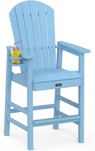 Vista 6 de VINGLI Silla Adirondack alta, silla Adirondack de plástico para todo tipo de clima con portavasos, taburetes de bar resistentes para exteriores Azul