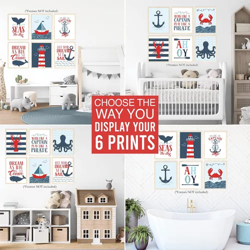 Vista 5 de Hadley Designs Decoración náutica de pared con 6 unidades, decoración náutica de habitación para niños, cuadros de barco y faro, decoración de pared