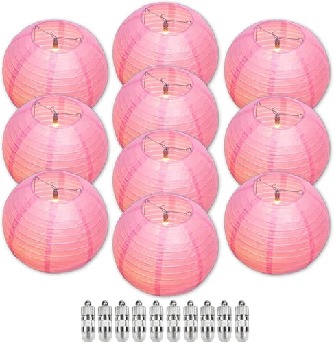 Vista 9 de Linternas de papel chino rosa con luces LED, paquete de 10