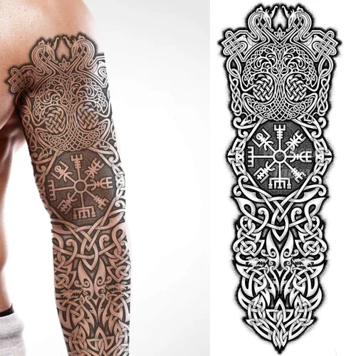 Vista 8 de 2 tatuajes temporales con hacha vikinga, dragón, nórdico, palo negro, tribal, bárbaro, celta, guerrero, en el cuerpo, pegatina de transferencia
