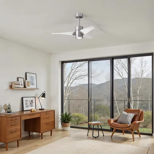 Vista 2 de Matthews SJ-BN-MWH-42 Super Janet Damp Rated 42" Ceiling Fan with LED Light and Remote & Wall Control, Silent DC Motor, 3 Solid Wood Blades, Brushed