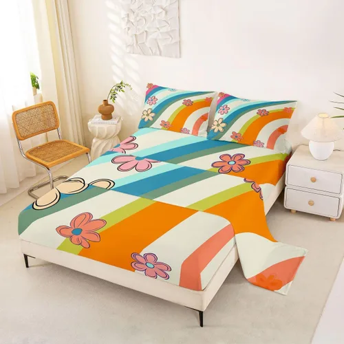Vista 9 de Bonito juego de sábanas de flores para niñas y mujeres, sábanas coloridas de dibujos animados de flores funky de tamaño individual, bonito juego