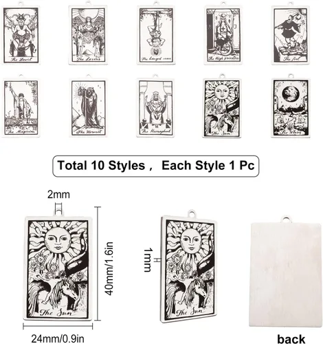 Vista 2 de SUNNYCLUE 10 piezas de 10 estilos de acero inoxidable Tarot Card Tarot Card Charms Collar Colgante Delicado Joyería Encantos para DIY Accesorios