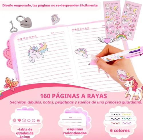 Vista 6 de Axolotl Diario para Niñas con cerradura y llaves, Diario de Niños Cuaderno Escolar de Viaje Juego de Regalo para Escribir y Dibujar, Bolígrafo