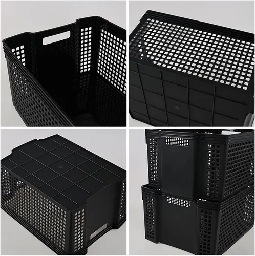 Vista 3 de Vababa Paquete de 12 cestas de almacenamiento grandes, apilables, rectangulares, de plástico, color negro Plastic Material, Cut-Out Carry Handles