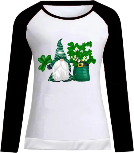 Vista 4 de St Patricks Day Sweatshirts for Women Raglan Sleeve Clover Shirt Cute Gnome Graphic Pullover Casual Loose Baseball Tee