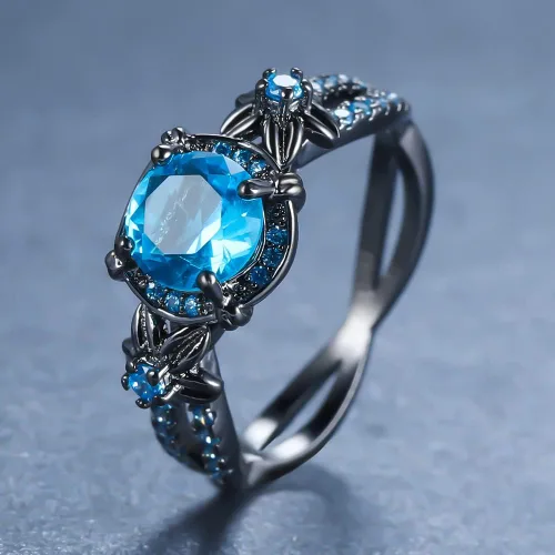 Vista 7 de Anillos góticos negros para mujer, topacio arcoíris místico con flor de amatista creada, anillo de compromiso gótico de oro negro, talla 6 a 11