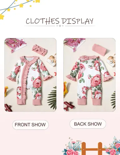 Vista 7 de Ropa de bebé recién nacida para bebé niña de manga larga con volantes y diadema
