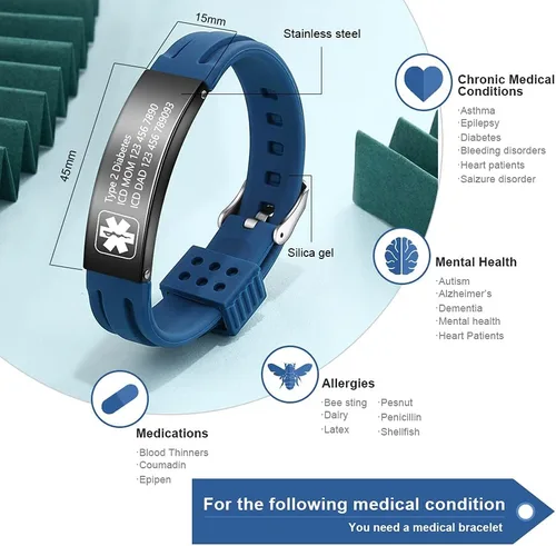 Vista 2 de OPALSTOCK Pulseras médicas personalizadas de silicona ajustable para identificación de emergencias, grabado gratuito, 9 pulgadas, resistente al