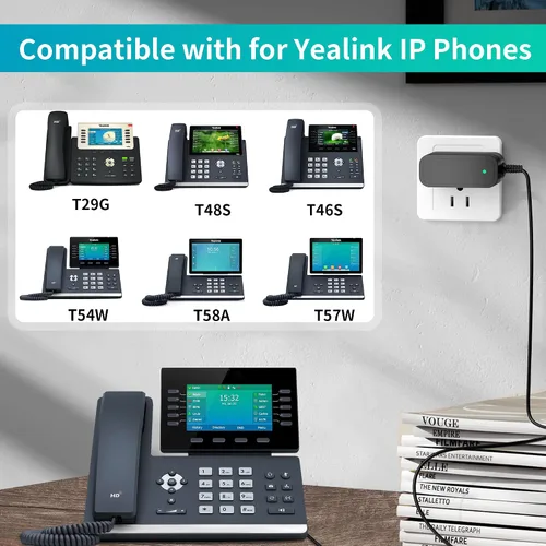 Vista 2 de Cargador para teléfono Yealink Adaptador de fuente de alimentación AC DC compatible con teléfonos IP Yealink SIP-T29G, T46S T48S, T58A, T58-CAM