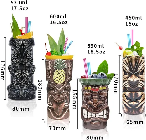 Vista 2 de LINALL Tiki Mugs - Juego de 4 vasos grandes de cerámica hawaiana Luau para fiesta, lindos vasos de cóctel exóticos, Tiki Bar profesional hawaiano