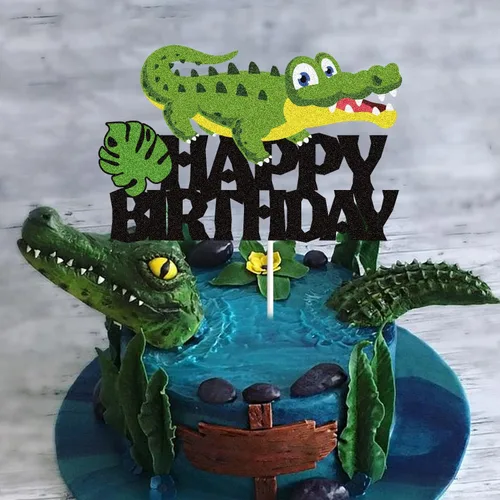 Vista 5 de Decoración de pastel de cocodrilo con temática de animales, suministros de fiesta de cumpleaños negro y verde con purpurina temática de cocodrilo