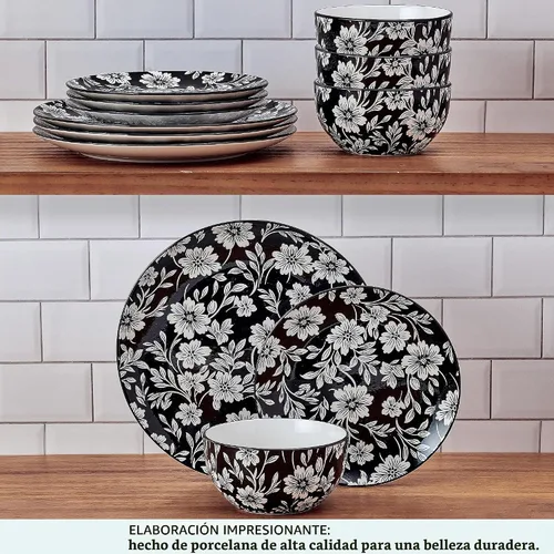 Vista 6 de Pfaltzgraff Midnight Blooms - Juego de vajilla de gres floral de 12 piezas, plato, tazón y recipiente, servicio para 4, negro