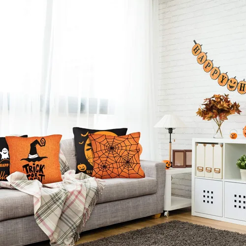 Vista 7 de Whaline 4 fundas de almohada de Halloween, funda de almohada naranja y negra, funda de cojín de lino para sofá cama (18 x 18 pulgadas)