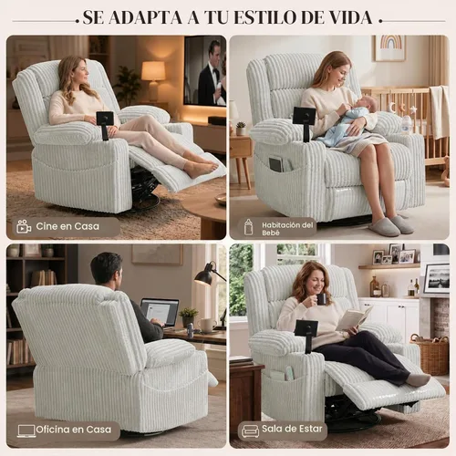 Vista 6 de Sillón reclinable giratorio eléctrico con masaje y calor, USB A y C Gris pálido