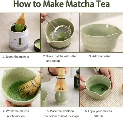 Vista 6 de Ochcahser Set de Té Matcha Japonés, Tazón de Matcha con Pico y Base, Batidor de Matcha con Soporte, Colador, Cuchara, Cucharón, Cepillo de Limpieza