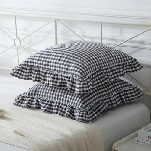 Vista 3 de Mywinlle juego de 2 fundas para cojín con volantes a cuadros negro/blanco, fundas de almohada decorativas de algodón lavado a cuadros estilo granja