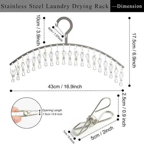 Vista 3 de JDYOOMI Paquete de 2 perchas de acero inoxidable para secar ropa a prueba de viento con 20 clips para secar calcetines, toallas, pañales