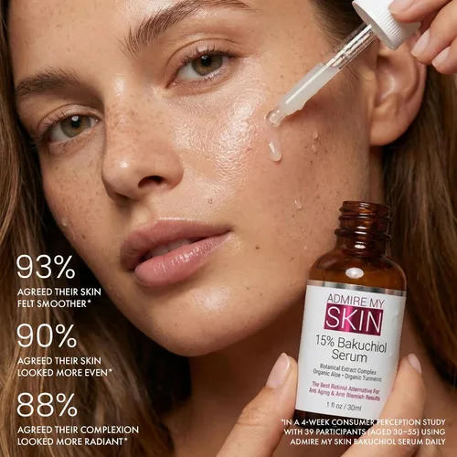 Vista 6 de Admire My Skin Suero Bakuchiol, alternativa natural de suero de retinol para la cara, suero facial antimanchas antienvejecimiento contiene aloe