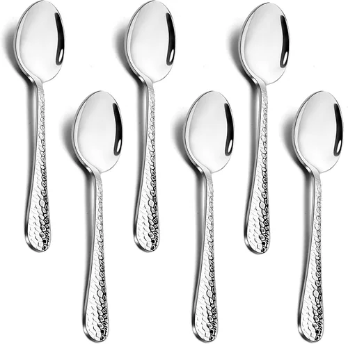 Vista 9 de E-far - Juego de 6 cucharaditas martilladas de acero inoxidable moderno, cubiertos de postre para el hogar, cocina, restaurante, borde redondo